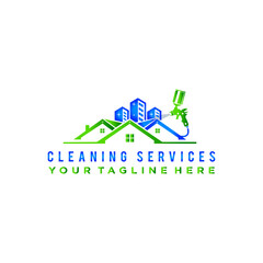 Fototapeta premium Cleaning Services Logo with Skyscrapers and Tools