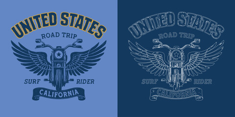 United States Road Trip California Motorcycle Rider Surf Vintage T Shirt Design Vector