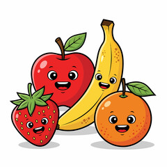 Cartoon Fruits Smiling Strawberry Apple Banana and Orange Grouping.