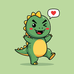 Cartoon Green Dinosaur Winking with Heart Bubble Small Teeth and Rosy Cheeks.