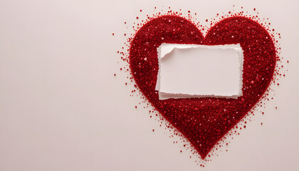 “Red Glitter Heart with Blank Torn Paper on Soft Pink Background”