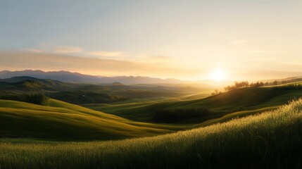 Fototapeta premium Sunrise over rolling hills nature landscape serene environment warm light expansive viewpoint tranquility and beauty for seo impact