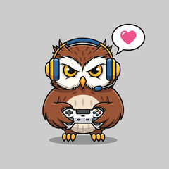 Cartoon Owl Gamer with Headset and Controller Thinking of Love.