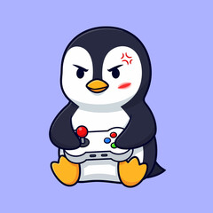 Cartoon Penguin Gamer with Angry Expression Holding a Retro Game Controller.