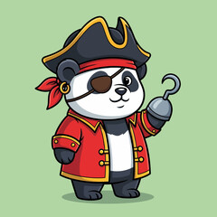 Cartoon Panda Pirate with Hook Hand Eye Patch and Red Coat.