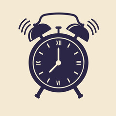 Simple graphic of a ringing alarm clock with roman numerals on an off-white