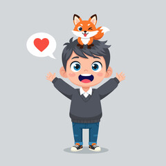 Cheerful Boy with Arms Raised and Winking Fox on Head with Heart Bubble.