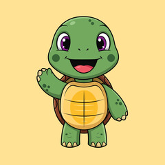 Cheerful Cartoon Turtle with Purple Eyes Waving its Hand.