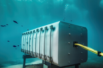 Underwater Data Center Server Housing Submerged In Blue Ocean with Fiber Optic Connection