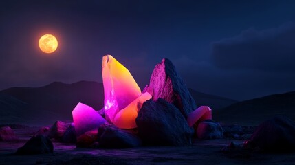 Vibrant crystals illuminated by moonlight enchanted landscape digital artwork nighttime fantasy concept
