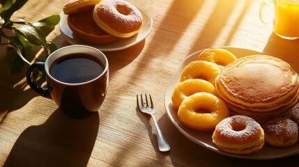 Delightful breakfast feast pancakes and donuts with coffee cozy kitchen food photography morning light comfort food concept