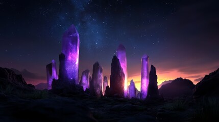 Mystical crystal formation at dusk enchanted landscape digital artwork fantasy environment wide viewpoint ethereal concept for immersive experience