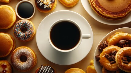 Delightful breakfast scene featuring coffee and assorted donuts cozy kitchen table food photography warm atmosphere top-down view culinary indulgence
