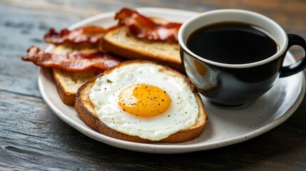 Delicious breakfast feast featuring eggs bacon and coffee on rustic wooden table morning vibe food photography cozy environment