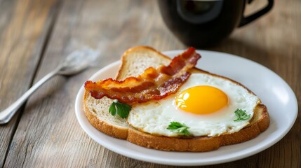 Breakfast delight crispy bacon and sunny-side up egg on toast kitchen table food photography cozy atmosphere close-up view culinary appreciation