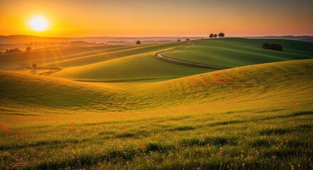 Scenic Tuscan Landscape with Rolling Hills at Sunrise Capturing the Golden Hour Beauty