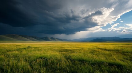 Dramatic thunderstorm approaching over lush green meadow scenic landscape nature photography outdoor viewpoint atmospheric mood