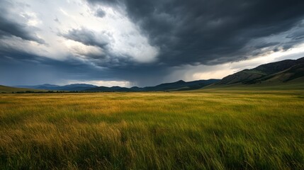 Dramatic thunderstorm approaches serene meadow nature landscape photography rural environment wide-angle viewpoint atmospheric concept