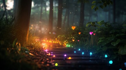 Enchanting pathway illuminated by colorful lights mystical forest fantasy landscape serene environment dreamlike viewpoint