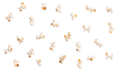 A scattered arrangement of fluffy popcorn kernels on a clean white background. ideal for food-related themes. snack advertisements. or culinary presentations