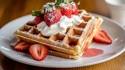Indulge in delicious strawberry waffles your cozy kitchen food photography warm atmosphere close-up view culinary delight