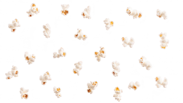 A scattered arrangement of fluffy popcorn kernels on a clean white background. ideal for food-related themes. snack advertisements. or culinary presentations