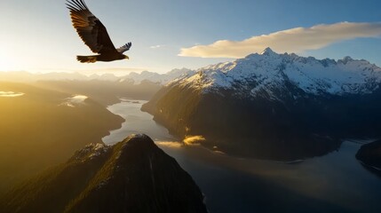 Majestic eagle soaring over snow-capped mountains in new zealand nature photography scenic landscape aerial view freedom concept