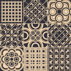 Abstract black and beage ceramic tiles ornate background vector set.
