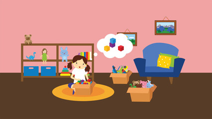little girl playing with toys in the living room. vector illustration.