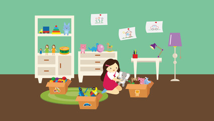 Girl playing with toys in the room. Flat design vector illustration.