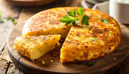 Spanish omelette, also known as tortilla espa&ntilde;ola, on a wooden board.