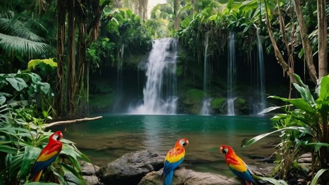 A hidden waterfall deep in the jungle, surrounded by vibrant green plants and colorful tropical birds
