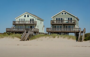 Two elevated beach houses stand side by side on a sandy dune under a clear blue sky
