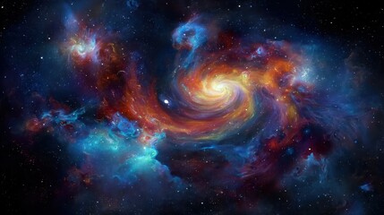 Space scene with swirling galaxy, nebula, and planet, cosmic voyage theme. Suitable for astronomy designs and fantasy content.