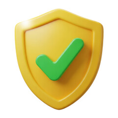 A yellow shield with green checkmark 3d icon illustration isolated on transparent background, png. Protection, safety concept. 
