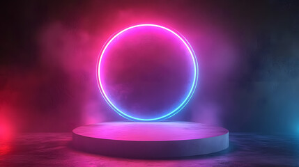Obraz premium A 3D-rendered abstract background features colorful neon light stones, a glowing ring, and a podium for product presentations.