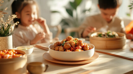 Two asian chinese children, cozy dining table with dishes, sweet and sour chicken, dumplings in a bamboo steamer, dipping sauce, saucy vegetables. Soft focus, blurred background, depth of field 