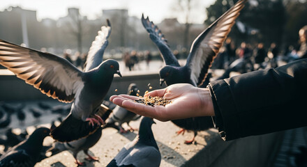 A person feeding pigeons from their hand in a city square, birds in flight.