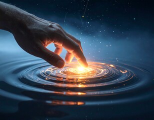 A hand touches a glowing point on water