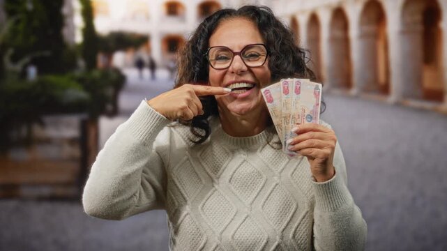 Middle-aged woman in uae holding dirham banknotes and pointing to her teeth, standing outdoors in a city street.