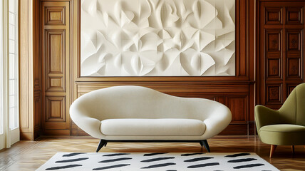 White sofa and green armchair against of wood paneling wall. Scandinavian, mid-century home interior design of modern living room.