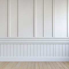Empty interior background with free space, room with blank white classic wood paneling wall and hardwood flooring.