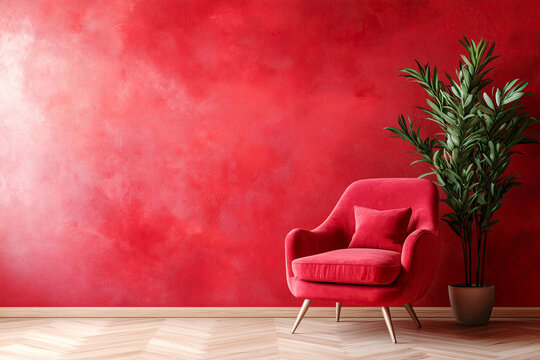 Ruby velvet armchair against of vibrant red stucco wall. Minimalist home interior design of modern living room. Empty, blank mock up wall with free space.
