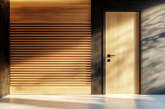 Empty minimalist interior background with wooden door. Hall with wood paneling, black stucco wall and concrete tiles flooring.