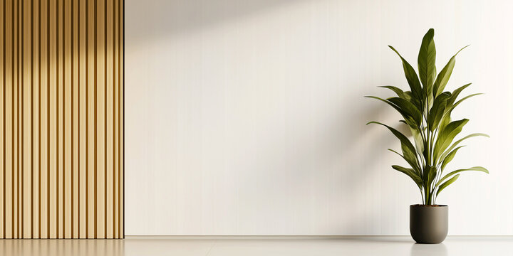 Interior of empty room. Indoor background, pot with green plant near wooden planks paneling and white wall.
