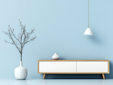 Long wooden and white cabinet. Vase with branch and pendant light against light blue wall with copy space. Scandinavian home interior design of modern living room.