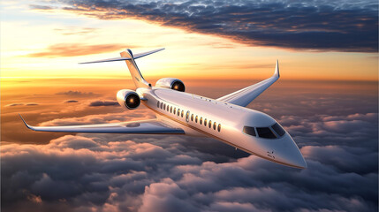 Private jet soaring over sunset clouds: luxury travel above the world in flight