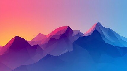 Abstract low-poly mountain range with a vibrant gradient sky at sunrise or sunset.