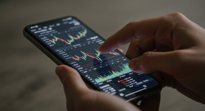 Hands holding smartphone displaying stock market graph financial data analysis.