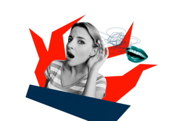 Composite trend artwork sketch image photo collage of fired burn confused bad mood anxiety young lady emoji face hearsay listen news mouth